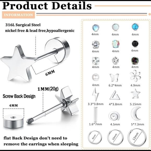 21Pairs Surgical Steel Flat Back Earrings Hypoallergenic 20G Screw Back Nap - Picture 5 of 7